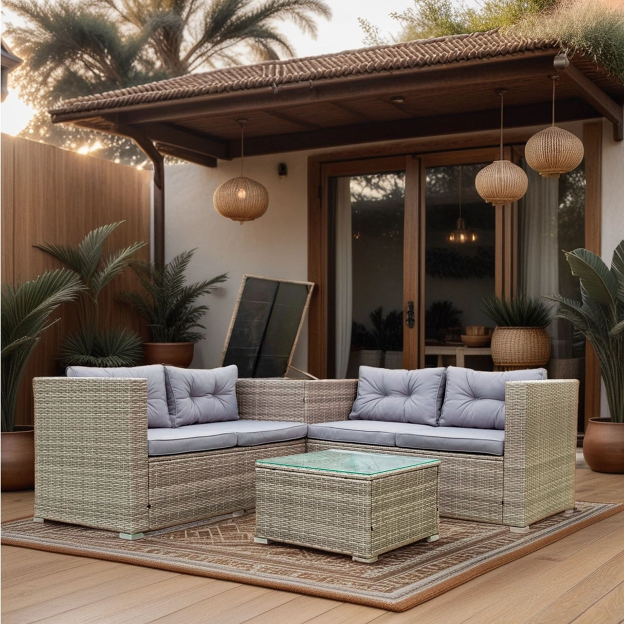 4 Piece Patio Sectional Wicker Rattan Outdoor Furniture Sofa Set With Storage Box - Gray