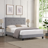 Queen Size Upholstered Platform Bed Frame With Button Tufted Linen Headboard, No Box Spring Needed, Wood Slat Support - Gray