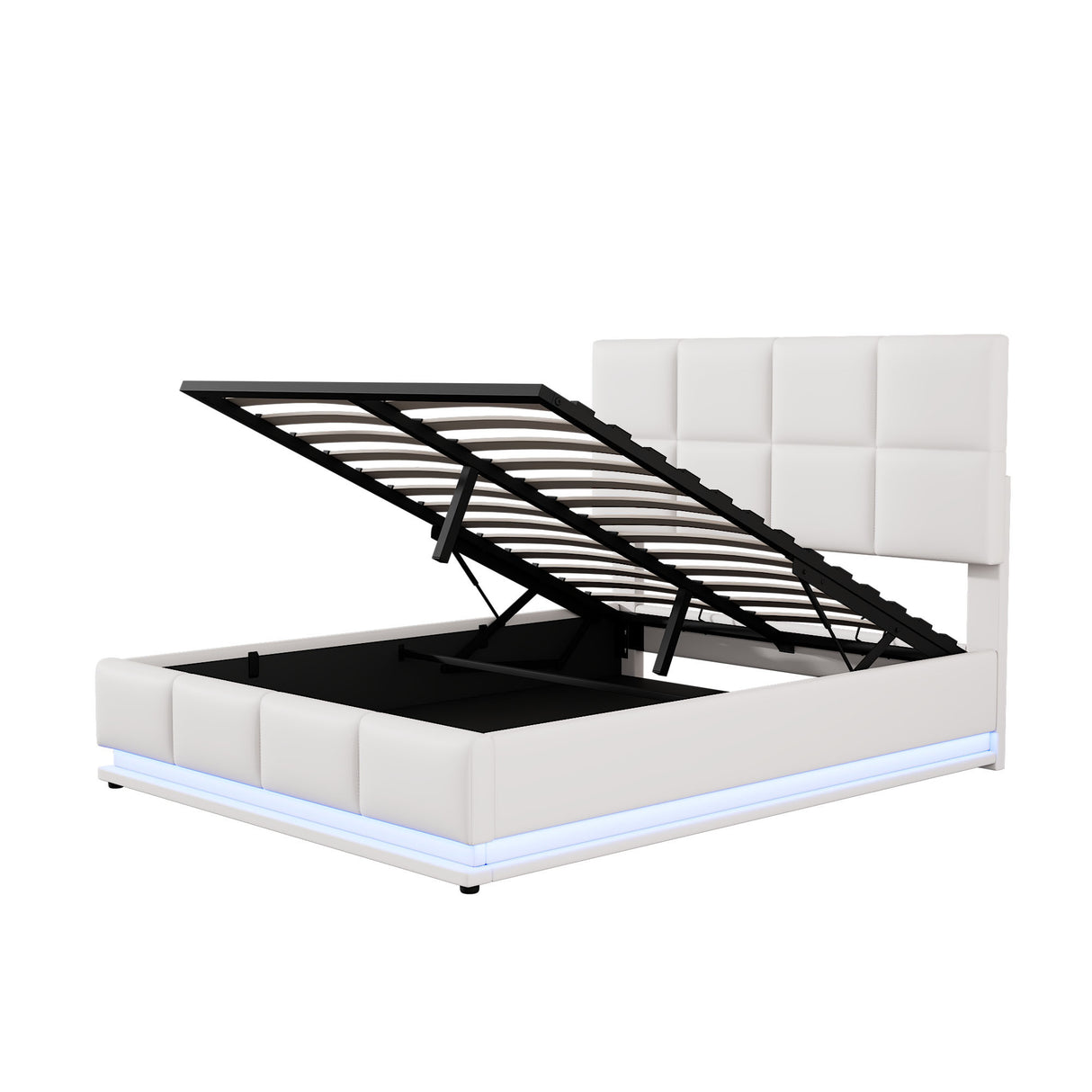 Full Size Tufted Upholstered Platform Bed with Hydraulic Storage System  with LED Lights and USB charger - White