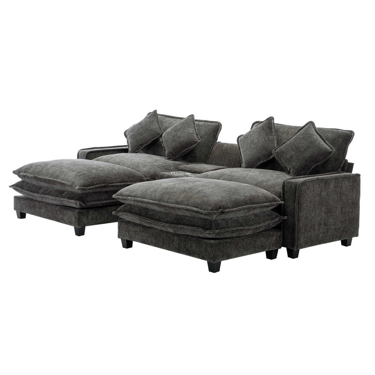 112.6" Chenille Upholstered Sofa with Two Ottomans, Two USB Ports, Two Cup Holders and Large Storage Box -Dark Gray