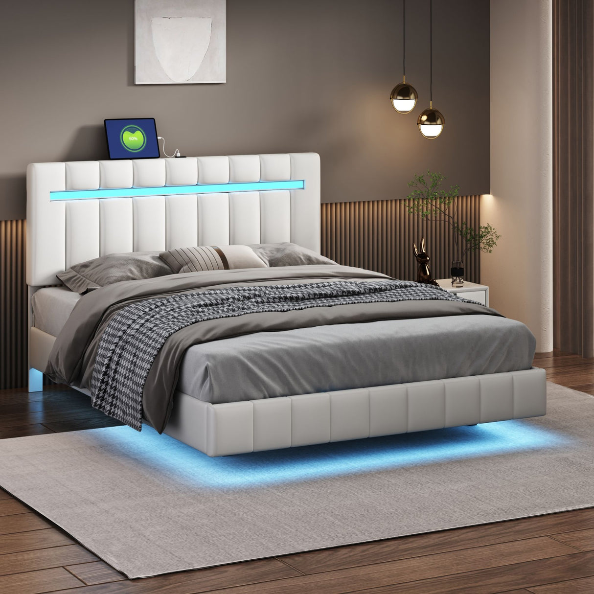 Queen Size Floating Bed With LED Light And USB Charging Port - White