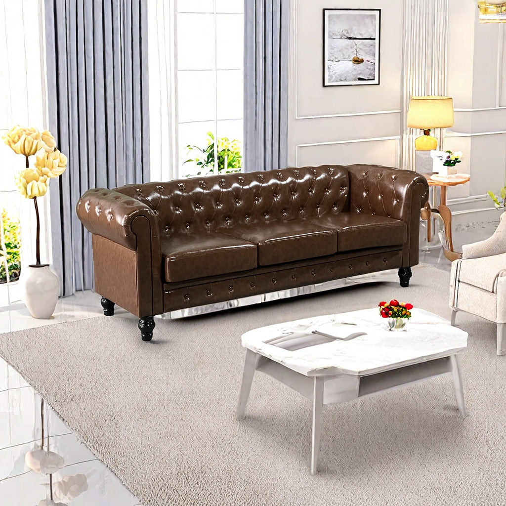 PU Upholstered Tufted Sofa - Brown