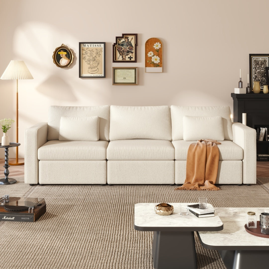 Linen L-Shapel Sofa with Pillows - Off White