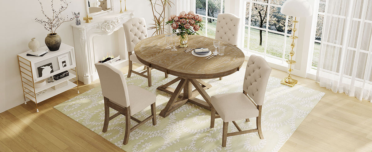 Dining Set with Extendable Table and 4 Upholstered Chairs - Natural Wood Wash