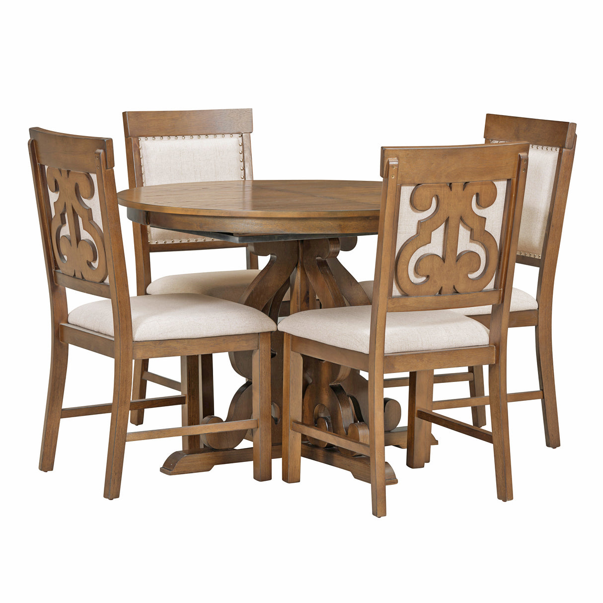 TREXM 5-Piece Retro Dining Set with a 16-inch Leaf and 4 Upholstered Chairs (Walnut)