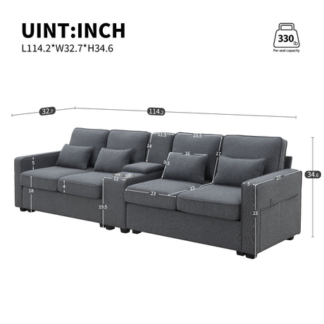 114.2" Upholstered Sofa with Console, 2 Cupholders, 2 USB Ports for Wired or Wireless Charge with 4 Pillows - Charcoal Gray