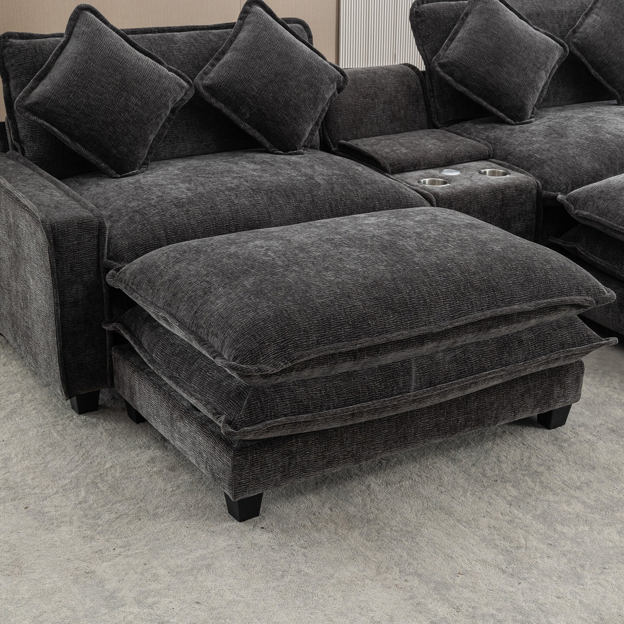 112.6" Chenille Upholstered Sofa with Two Ottomans, Two USB Ports, Two Cup Holders and Large Storage Box -Dark Gray