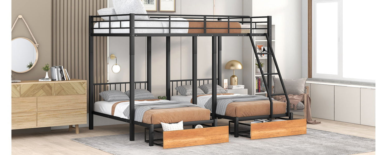 Bunk Bed, Metal Triple Bunk Bed With Drawers And Guardrails