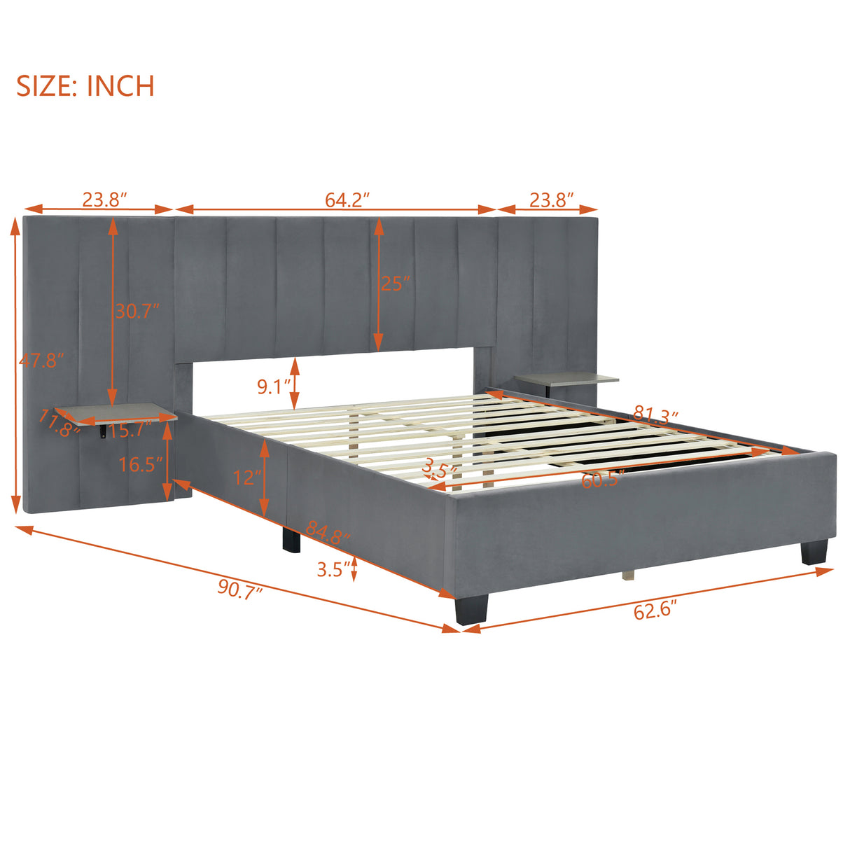 Queen Size Upholstered Platform Bed with Tall Headboard, Gray