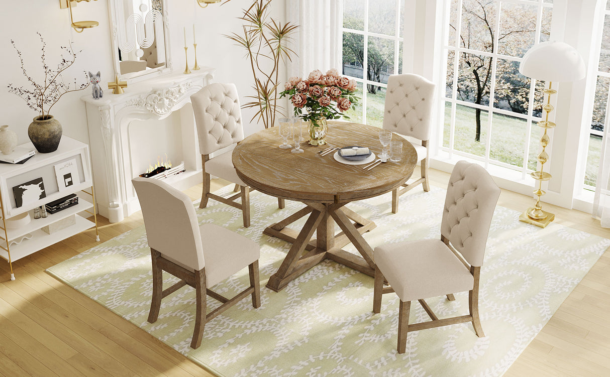 Dining Set with Extendable Table and 4 Upholstered Chairs - Natural Wood Wash