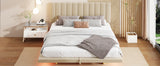 Queen Size Upholstered Floating Bed with LED Light and USB Port - Velvet Beige