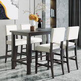 5 Piece Counter Height Dining Set, Table And 4 Chairs - Espresso / Beige