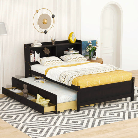 Bed With USB & Type-C Ports, LED Light, Bookcase Headboard, Trundle And 3 Storage Drawers, Bed With Bookcase Headboard, Trundle And Storage Drawers