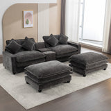 112.6" Chenille Upholstered Sofa with Two Ottomans, Two USB Ports, Two Cup Holders and Large Storage Box -Dark Gray