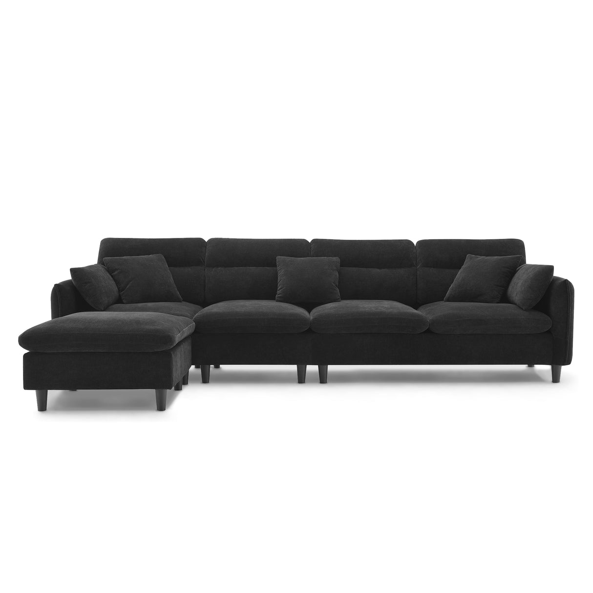 Modern Convertible Sectional Sofa with Pillows and Ottoman - Black