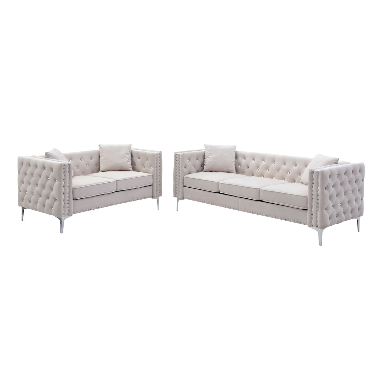 2 Piece Modern Velvet Sofa, Loveseat and 4 Pillows Set - Beige