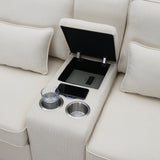 114.2" Upholstered Sofa with Console, 2 Cupholders and 2 USB Ports for Wired or Wireless Charge with 4 Pillows - Beige