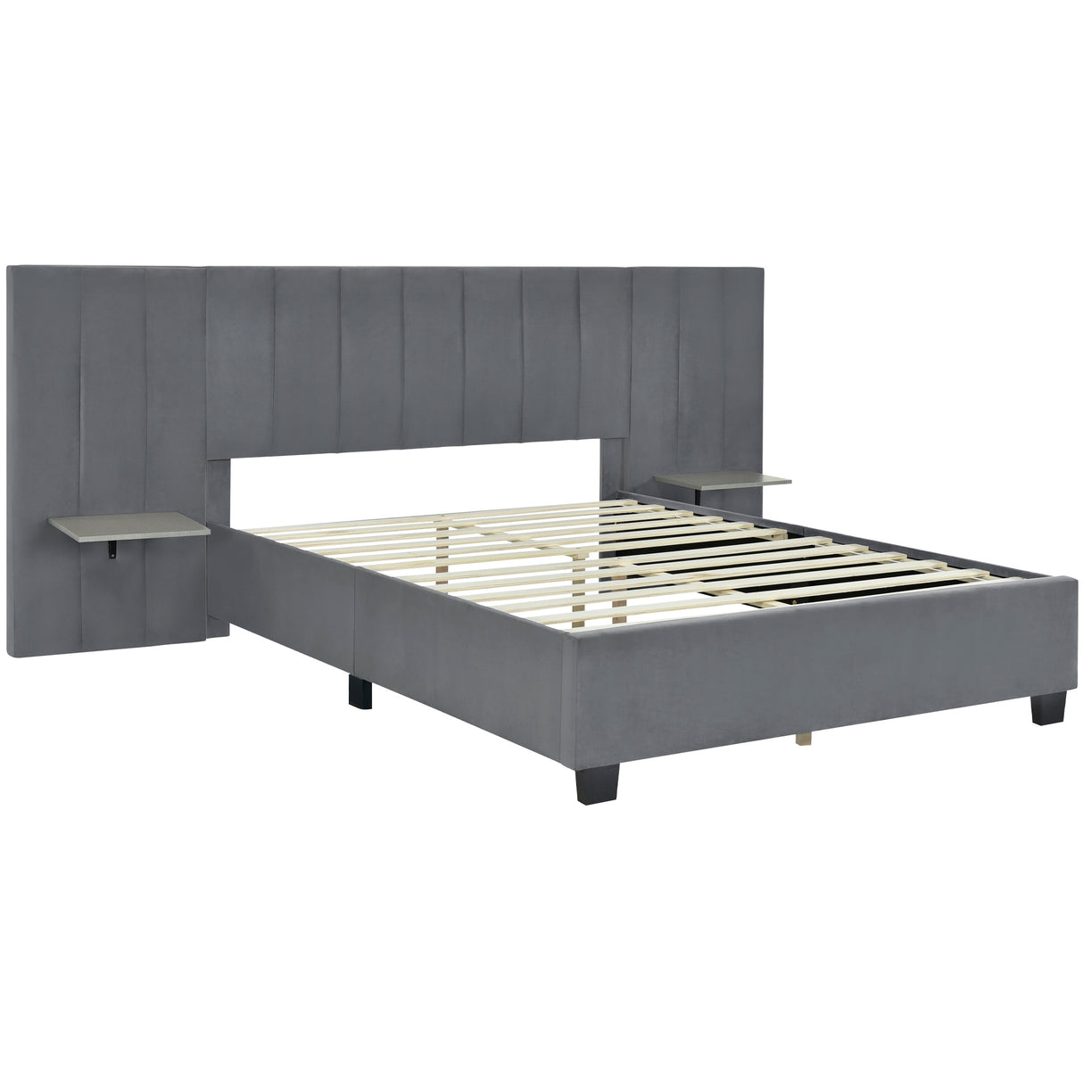 Queen Size Upholstered Platform Bed with Tall Headboard, Gray