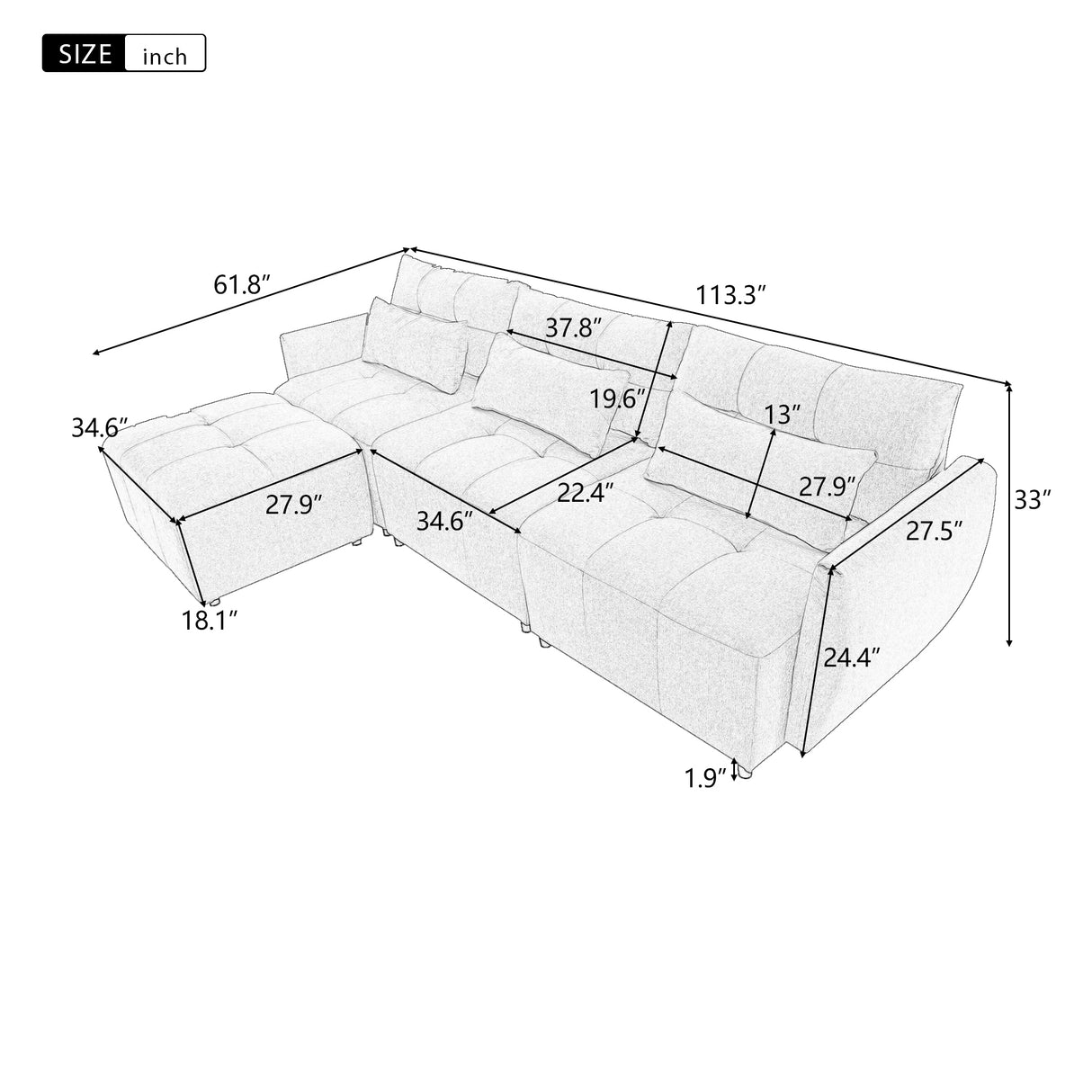 113.3" Modular Sectional Sofa with Ottoman and USB and USB-C Ports - Beige