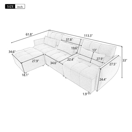 113.3" Modular Sectional Sofa with Ottoman and USB and USB-C Ports - Beige