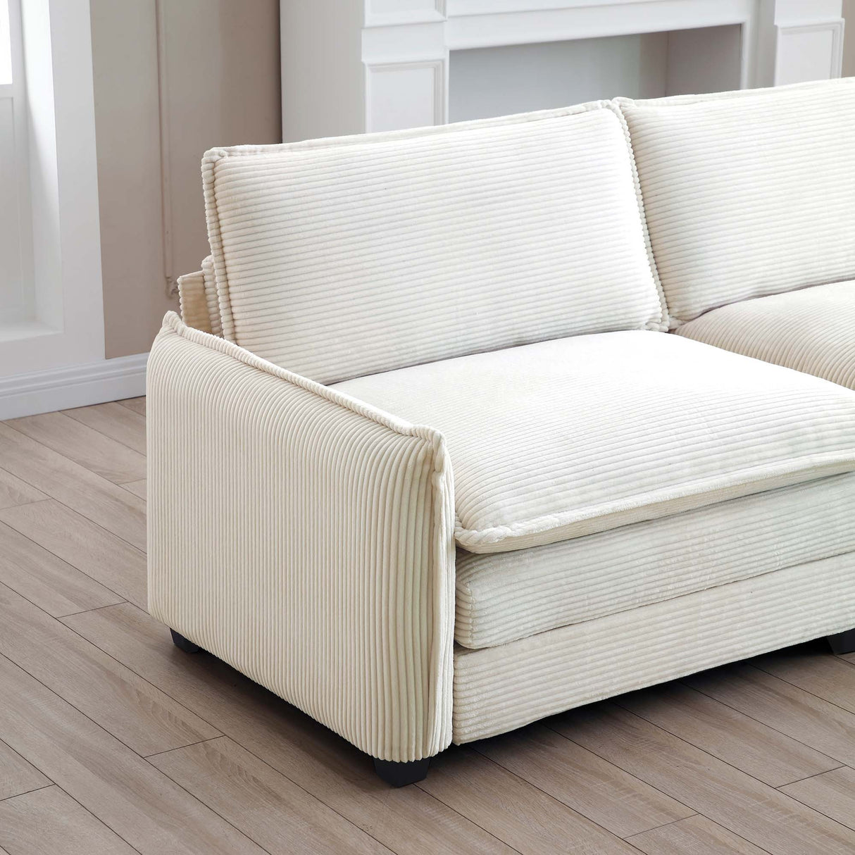 3 Piece Living Room Set with Soft Cushions and Pillows in Corduroy Fabric - Off White