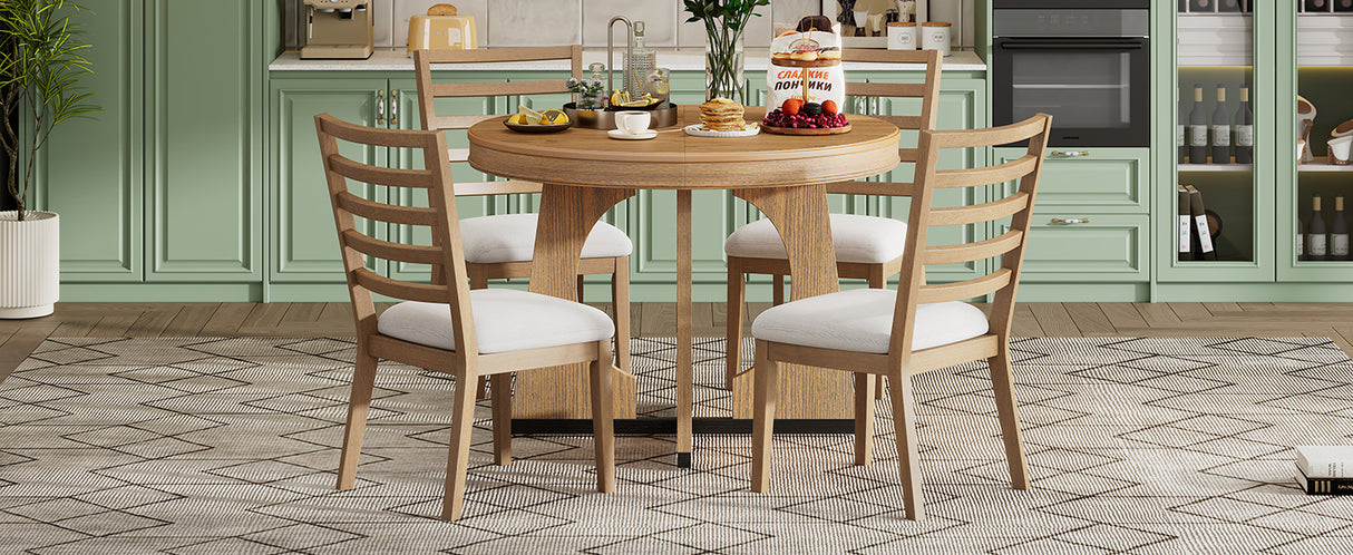 TREXM 5-Piece Dining Set With Table, 16-inch Leaf and 4 Upholstered Chairs (Natural)