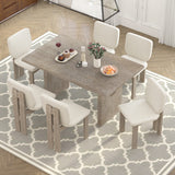 TREXM 7-Piece Retro Dining Set with Trestle Table and 6 Upholstered Chairs (Natural Wood Wash)