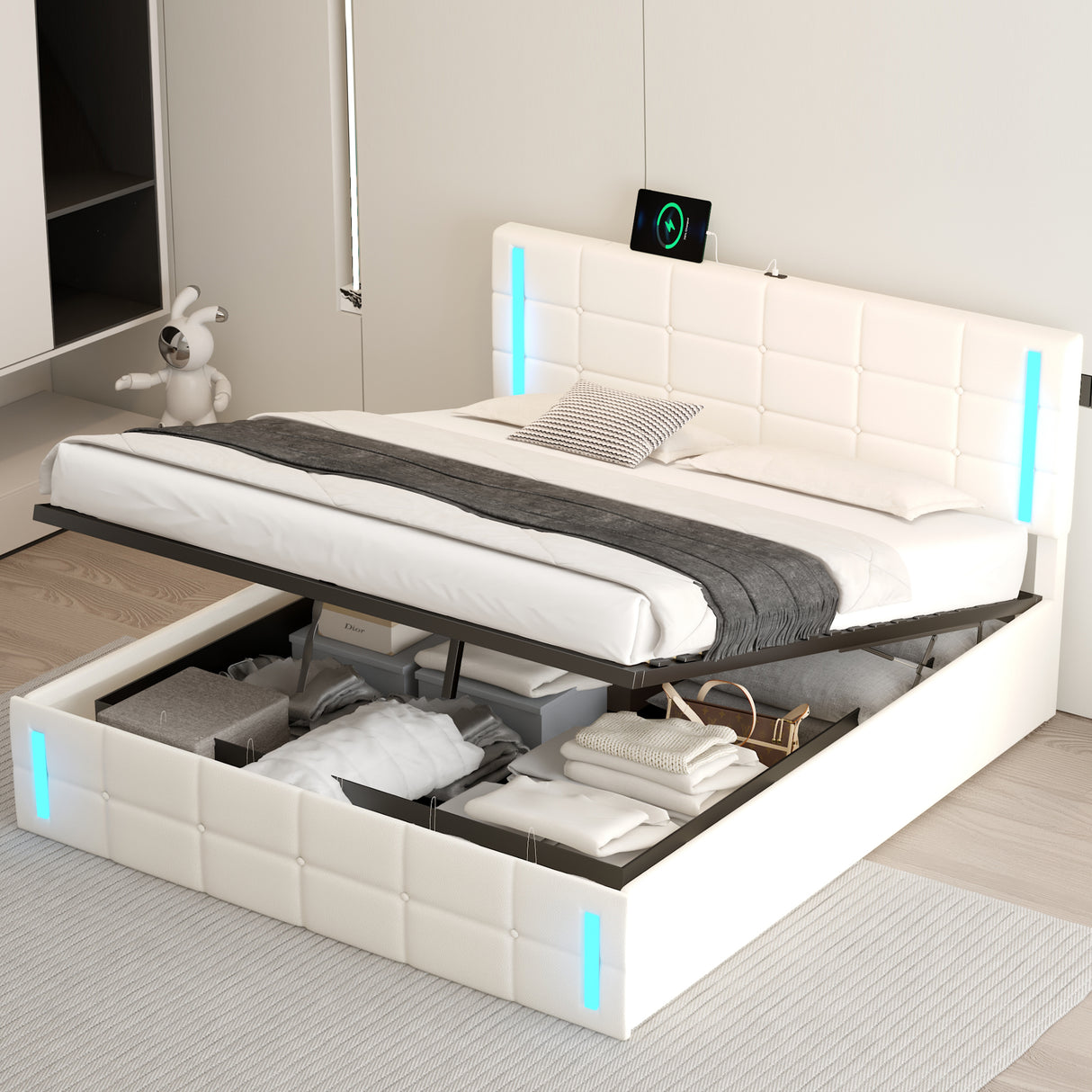 Queen Size Upholstered Bed with LED Lights, Hydraulic Storage System and USB Charging Station,White