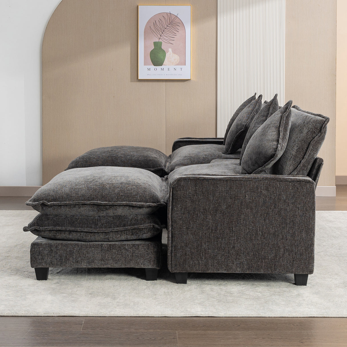 112.6" Chenille Upholstered Sofa with Two Ottomans, Two USB Ports, Two Cup Holders and Large Storage Box -Dark Gray