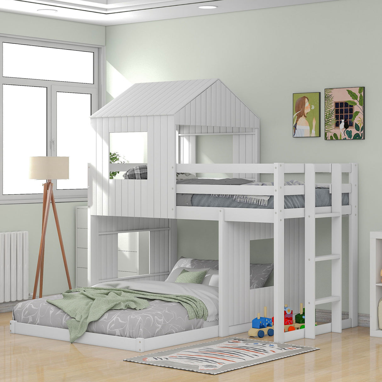 Twin Over Full Loft Bed With Playhouse, Ladder And Guardrails - White