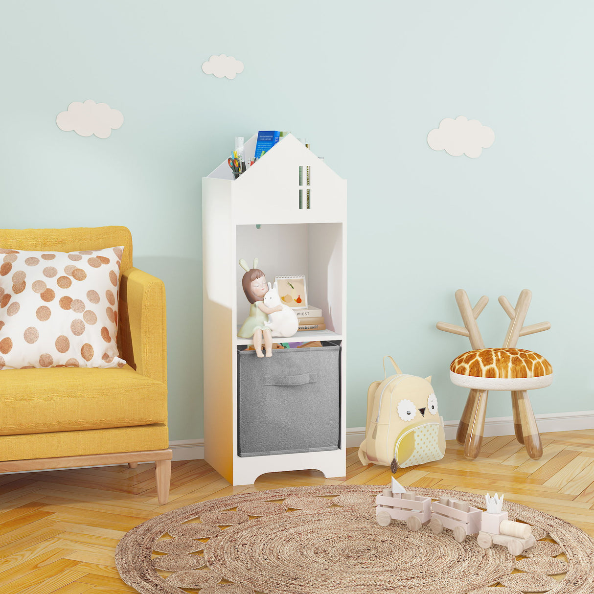 Kids House Bookcase With Storage - White / Gray