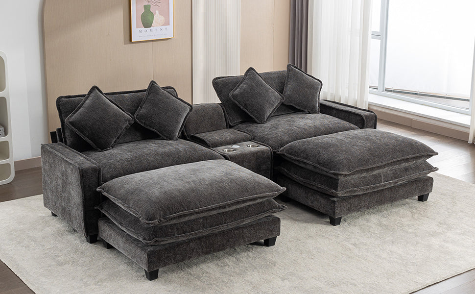 112.6" Chenille Upholstered Sofa with Two Ottomans, Two USB Ports, Two Cup Holders and Large Storage Box -Dark Gray