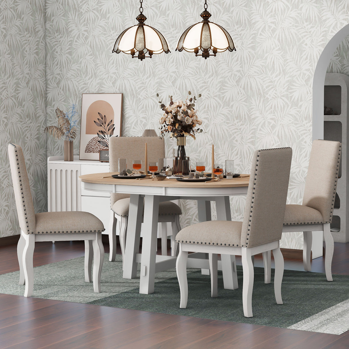 5-Piece Round Farmhouse Dining Set With Extendable Table and 4 Upholstered Dining Chairs - Oak Natural Wood + Antique White)