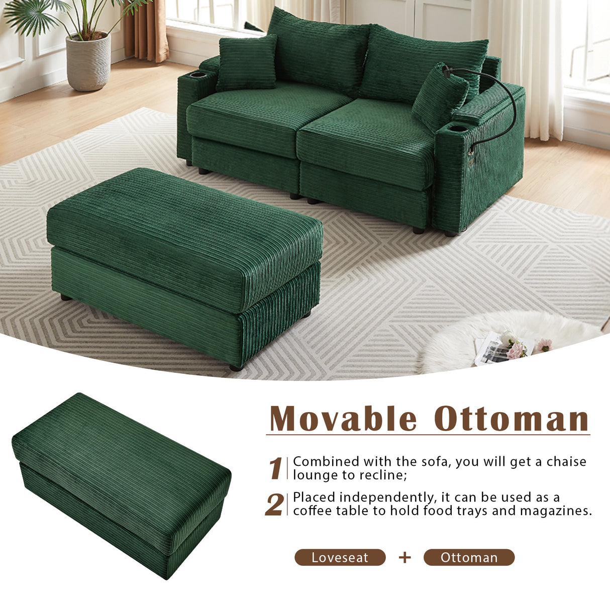 72.8" Modern Style Loveseat with Storage Space, Movable Ottoman, Two USB Ports, Two Cup Holders and Phone Holder - Green