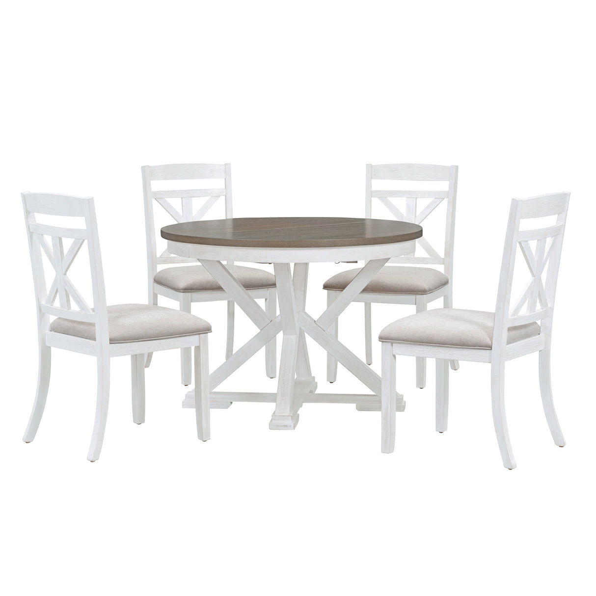 TREXM 5-Piece Dining Set with Butterfly Leaf and 4 Upholstered Chairs (Brown+Antique White)