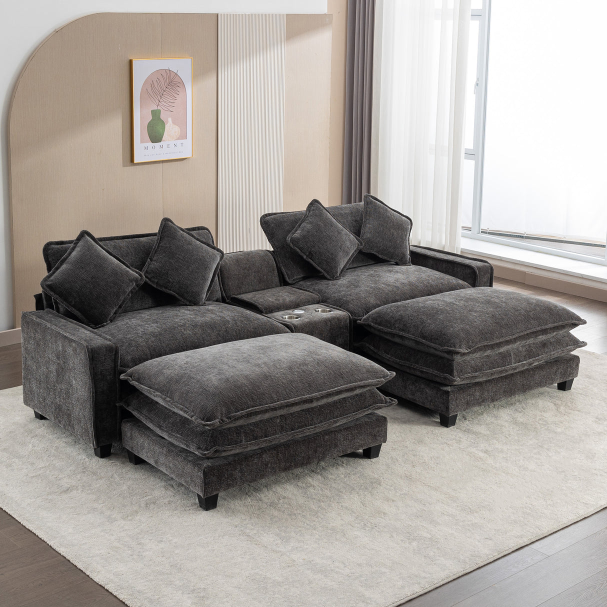 112.6" Chenille Upholstered Sofa with Two Ottomans, Two USB Ports, Two Cup Holders and Large Storage Box -Dark Gray