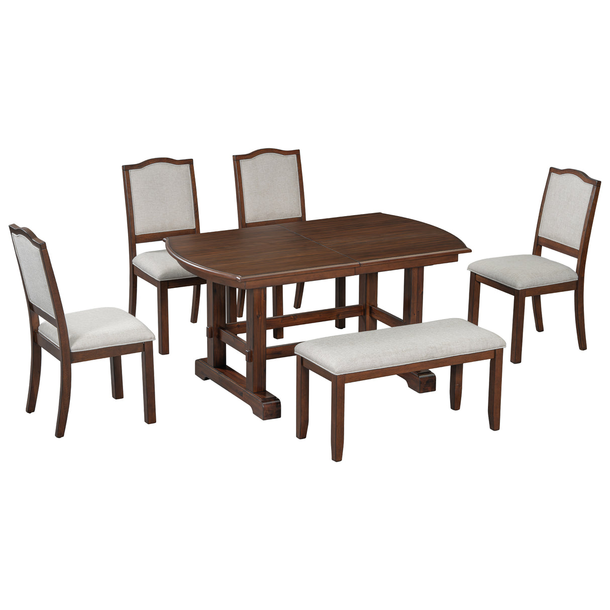 6-Piece Dining room Set With One extending Leaf, Upholstered bench and Chairs - Cherry