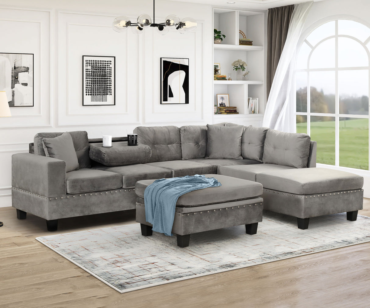 Modern Sectional Sofa With Storage Ottoman, L-Shape Couch With 2 Pillows And Cup Holder, Sectional Sofa With Reversible Chaise For Living Room