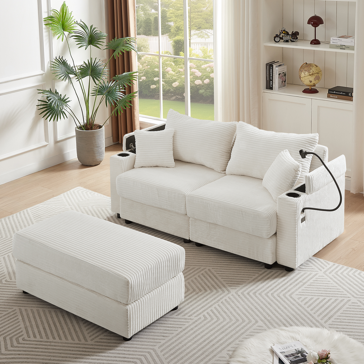 72.8" Modern Style Loveseat with Storage Space, Movable Ottoman, Two USB Ports, Two Cup Holders and Phone Holder - Beige