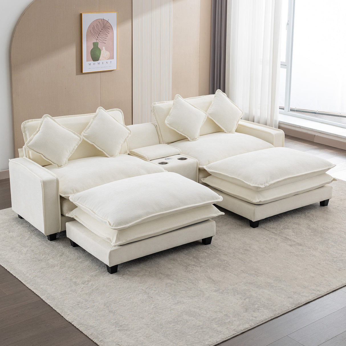 112.6" Chenille Upholstered Sofa with Two Ottomans, Two USB Ports, Two Cup Holders and Large Storage Box - Beige