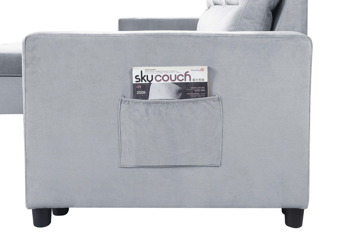 Ruby - Velvet Reversible Sleeper Sofa With Storage Chaise And Side Pocket - Light Gray