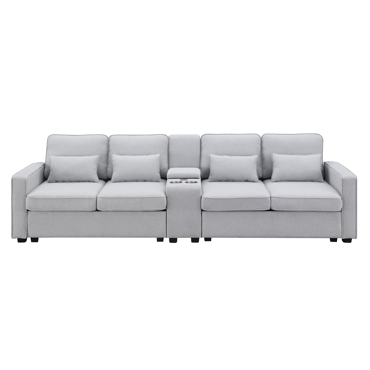 114.2" Upholstered Sofa with Console, 2 Cupholders, 2 USB Ports for Wired or Wireless Charge with 4 Pillows - Light Gray