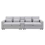 114.2" Upholstered Sofa with Console, 2 Cupholders, 2 USB Ports for Wired or Wireless Charge with 4 Pillows - Light Gray