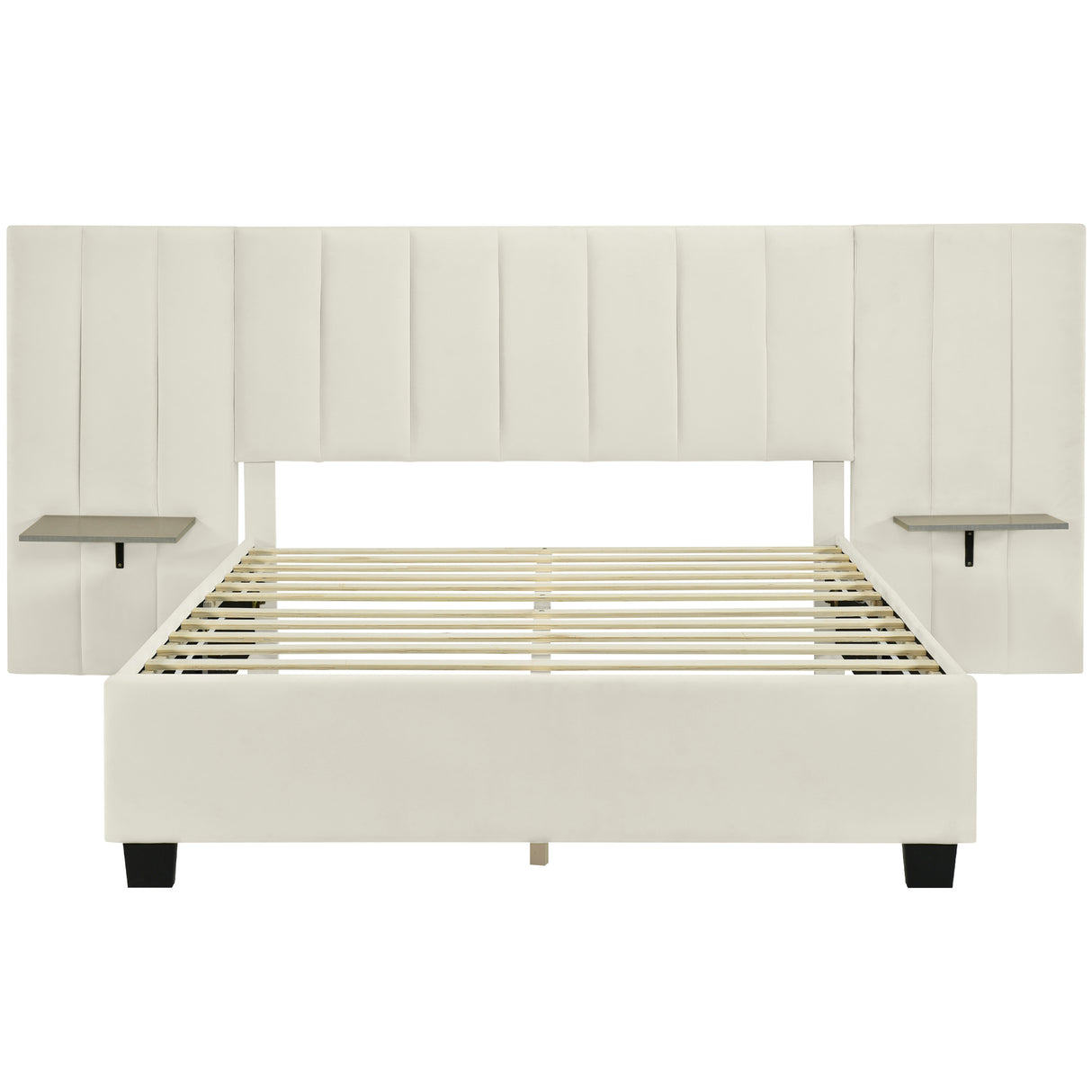 Queen Size Upholstered Platform Bed with Tall Headboard, Beige