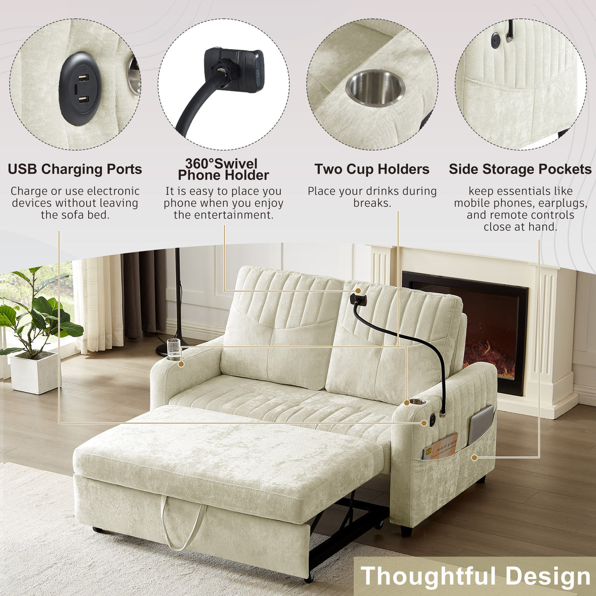 53.9" Modern Sleeper Loveseat with Adjustable Backrest, Two Cup Holders, Phone Holder, Three Charging Ports and Side Storage Pocket , Beige