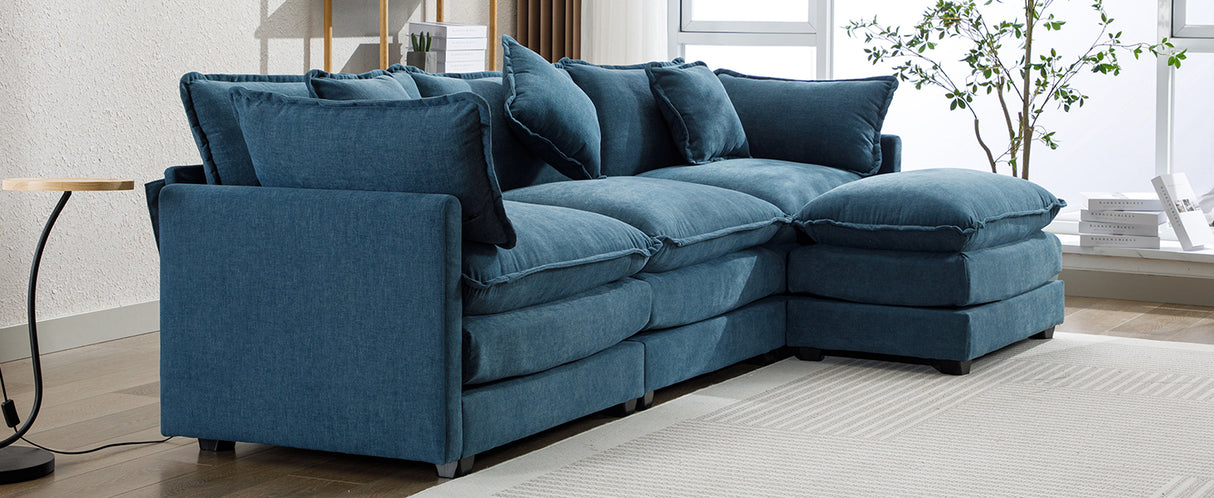 112.2" Chenille Upholstered Sofa with Ottoman and 5 Pillows - Blue