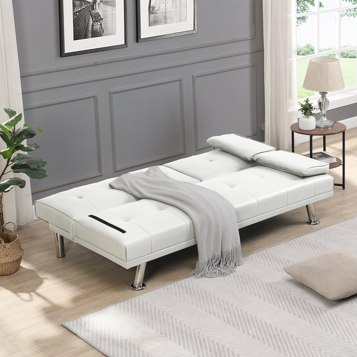 Sleeper Sofa with Armrest and Two Cup Holders - White