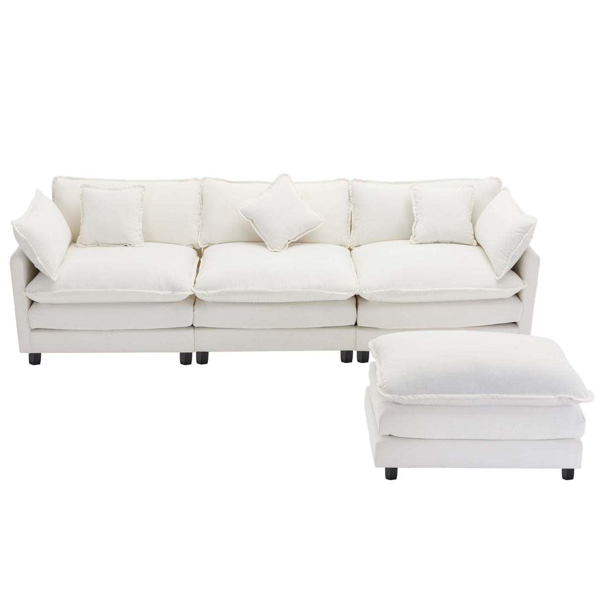 112.2" Chenille Upholstered Sofa with Ottoman and 5 Pillows - Off White