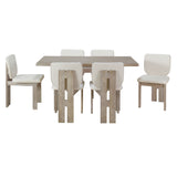 TREXM 7-Piece Retro Dining Set with Trestle Table and 6 Upholstered Chairs (Natural Wood Wash)