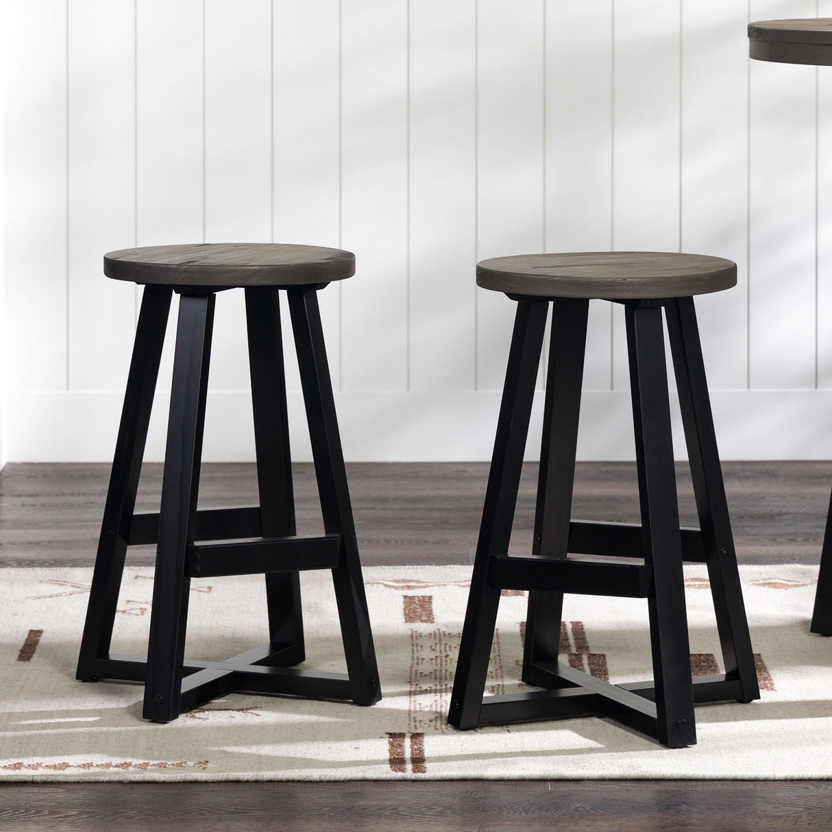 Rustic Distressed Solid Wood Round Dining Stool - Gray